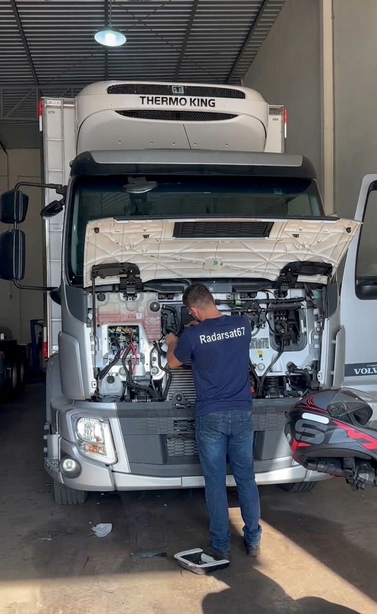 mecânico trabalhando na parte frontal de um caminhão refrigerado Thermo King com o capô aberto dentro de uma o